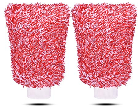 Mokani Microfiber Car Wash Mitt Cleaning Gloves Equipment Sponges, 2 Sets Professional Scratch Free Polishing Cleaning Mitts,Red