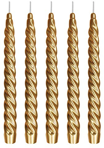 Ebersbacher Kerzenfabrik GmbH Renaissancekerzen Spitzkerzen gedreht lackiert Gold, 5 Stück, Größe ca. 22 x 250 mm, einzeln in Folie, Leuchterkerze Tafelkerze Stabkerze