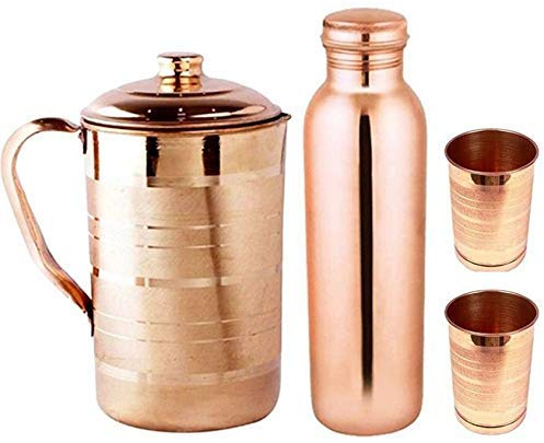 Bottiglia d'acqua in rame, brocca e vetro Combo, 1000 ml, 1500 ml, set di bottiglie d'acqua, brocca e 2 bicchieri dorati