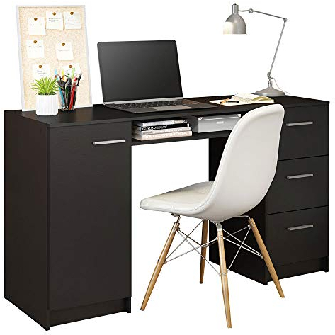 Madesa Home Office Computer-Schreibtisch mit 3 Schubladen, 1 Tür und 1 Regal, viel Platz, Holz, 18 T x 53 W x 30 H - Schwarz