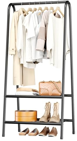 JOISCOPE Metal Clothes Rail, Clothes Rack with 2 Bottom Shelves for Storage, Hanging Rail for Clothes with 62 Inch Sturdy Thickened Steel Pipe, Garment Rack & Clothes Rail for Bedroom, Black