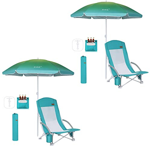 Nice C Beach Chair, Camping chair, Beach Chairs for Adults, with UPF 50 Umbrella and Cooler Bag, High Back, Cup Holder,Carry Bag,Heavy Duty, Outdoor(2 pack blue)
