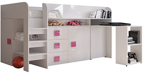 MEBLE KRYSPOL Toledo 1 Hochbett für Kinder, Jugendliche mit Stauraum - Etagenbett mit Schreibtisch, Kleiderschrank, Regal, Schubladen, Treppe - 203,3x106,6x125 cm - Weiß, Weiß, Rosa