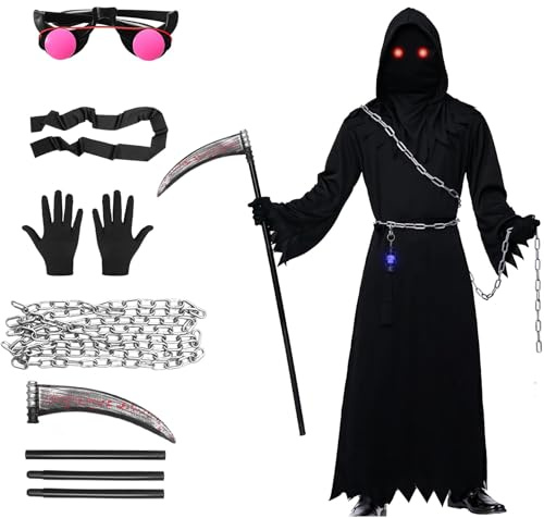 Amycute Costume Morte per Bambino, Vestito Morte Halloween con Accessori Costume Mietitore, Falce Morte, Ciondolo Scheletro, Costume da Mietitore Cosplay per Halloween Carnevale (S)