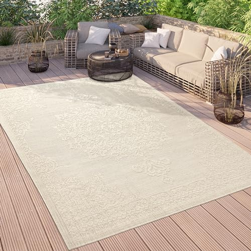 Paco Home Outdoor Teppich Wetterfest Balkon Küche Wohnzimmer Orientalisches Muster Vintage Optik Einfarbig 3D Modern, Grösse:200x280 cm, Farbe:Creme