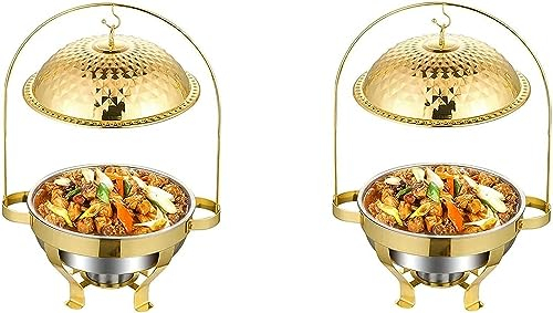 Gold Stainless Steel Chafing Dish with Hook Up, Catering Buffet Warming Container Set Includes Food Pan, Water Pan, Fuel Holder, for Party Wedding Restaurant (Size : 2pack)