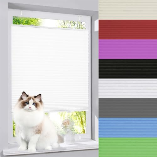 Plissee Faltrollo 80 x 150 cm Sichtschutz und Sonnenschutz Plissee Rollo Ohne Bohren leicht zu montieren mit Klemmträger für Fenster und Tür, Weiß