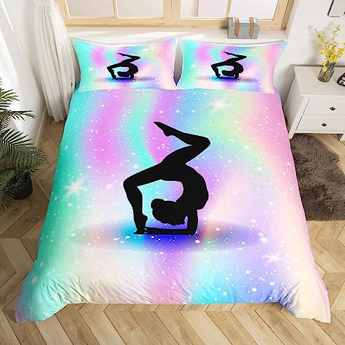 Homewish Bettbezug für Gymnastik, 140 x 200 cm, Bettwäsche, Weltraumstern, Pailletten, Geschenke für Turnerinnen für Mädchen und Kinder, Bettwäsche-Set Regenbogen, Sternenhimmel, Purpur Blaugrün