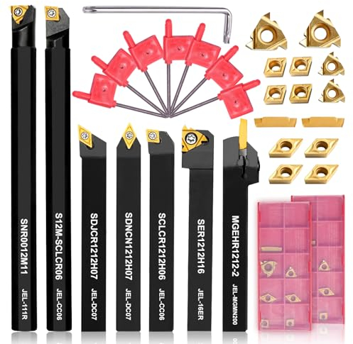 Donken Drehwerkzeughalter Set 12mm, Inhalt 7 Stk.12mm Schaft-Bohrstangenhalter,14 Stk. Hartmetall-Wendeschneidplatten, 7 Stk. T8 Schraubenschlüssel