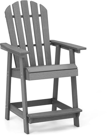 COSTWAY Hög Adirondack-stol med fotstöd, väderbeständig barstol av HDPE, balkongstol med armstöd, utomhus adirondack-stol för trädgård, terrass (grå)