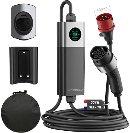 FOXMOD EV Elektrofahrzeug Ladegerät, 22kW, 6–32A, Typ 2 CEE, Drehstrom, 7m, mit Halterung, Mobile/Wallbox, Digitalanzeige, kompatibel mit VW, Renault, BYD, MG, Tesla