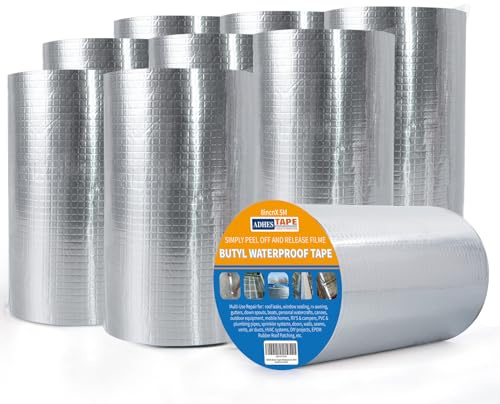 ADHES Butyl Tape Waterproof Tape, 9 Rolls x 8 inch x 16 feet, 47 mil Thick | Aluminum Foil Tape Butyl Sealant tape for RV Repair, Window, Silicone, Boat and Pipe Sealing, Silver
