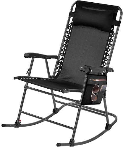 Yaheetech Rocking Chair, Foldable Outdoor Camping Patio Lounge Chair, Zero Gravity Seat with Headrest Pillow, Storage Bag for Garden, Lawn, Porch, Backyard