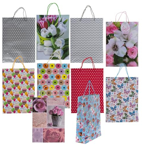 MIJOMA Bunte Papier-Geschenktüten | Set mit 10 Stück | Vielfältige Muster & Farben | Ideal für Jeden Anlass (Tüte 18 x 8 x 23 cm)
