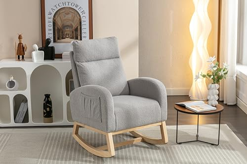 YESGIGA Mid Century Modern Teddy Fabric Upholstered Rocking Chair Padded Seat for Living Room Bedroom (Grau)