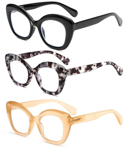 MMOWW Paquete de 3 Gafas de Lectura Ojo de Gato - Elegante Montura de Gafas con Anti Luz Azul para Mujeres y Hombres Bisagras de Muelle (3 Pack Colores Mixtos, +1.5)