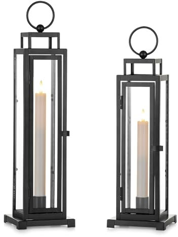 Staymoment Candelabro negro con velas LED: juego de 2 velas de 33/38 cm, portavelas de varilla, para balcón, salón, decoración, farolillos para exteriores