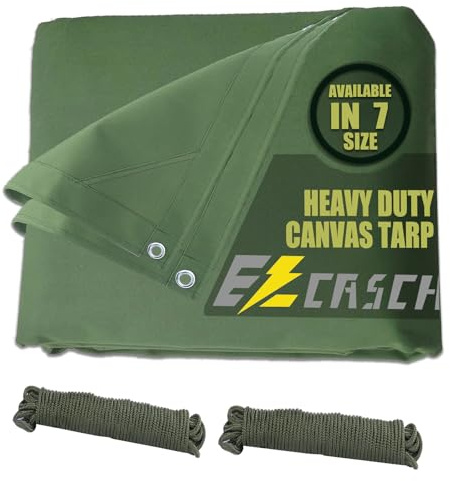 Ezcasch Canvas Tarp 4.88x6.1m, 400g/m² Heavy Duty Tarpaulin, Large, Green | 0.56mm Dustproof and Waterproof Cover Sheet,400g/m2 Canvas Tarpaulin Heavy Duty, with Aluminum Grommet, for Truck/Boat/Roof