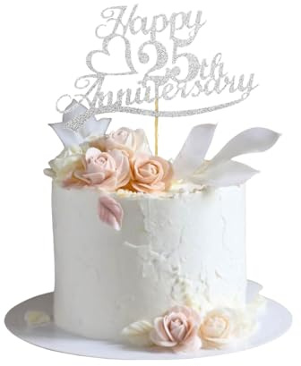 GlamRays 25. Jubiläum Kuchenaufsätze Silber Glitzer, 25 Hochzeitsjubiläums Party Dekoration Ideen, Premium Qualität