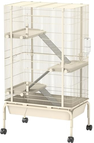 PawHut Jaula para Animales Pequeños de 4 Niveles Jaula para Roedores con Ruedas Rampas Cuenco Botella de Agua y Bandeja Extraíble Recinto para Conejos Chinchillas Hurones Cobayo 69x44x120 cm Beige