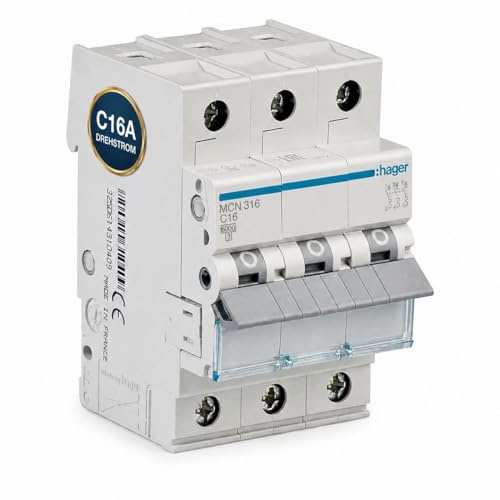 HAGER MCN316 Leitungsschutzschalter 3-polig C16A, 6kA LS-Schalter für Drehstrom, 3P Sicherungsautomat, biconnect Klemmsystem, 3 Module, 230/400V AC, IP20, Kurzschluss- und Überlastschutz