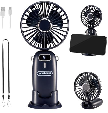 VonHaus Handheld Fan – Mini, Portable, Lightweight, USB Rechargeable, 5 Speeds, 90° Folding, 60cm Lanyard, Phone Stand – Cooling Fan Ideal for Desktop, Home, Office, Travel, Living Room, Bedroom