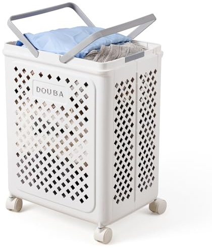 50L Wäschekorb Plastik Faltbarer Wäschekorb mit Henkel,Wäschesammler,Wäschebox mit Rollen für Zimmer, Badezimmer, Schlafzimmer und Wohnheim,Weiß