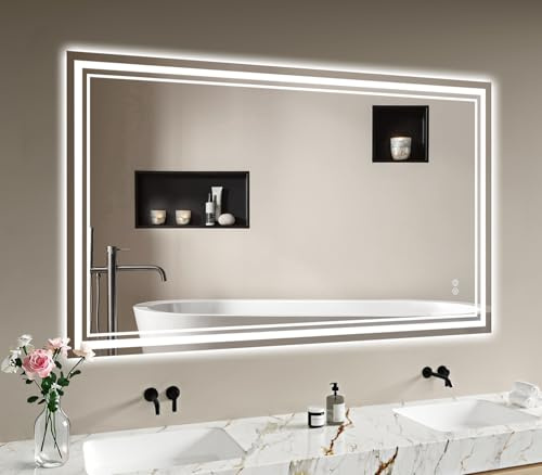 Badspiegel-mit-Beleuchtung 100x70cm - Badezimmerspiegel LED Badezimmer Spiegel mit Beleuchtung Beschlagfrei, Touch-Schalter, Dimmbar, 3 Lichtfarben, Wandspiegel Led-Spiegel-Bad Horizontal/Vertikal