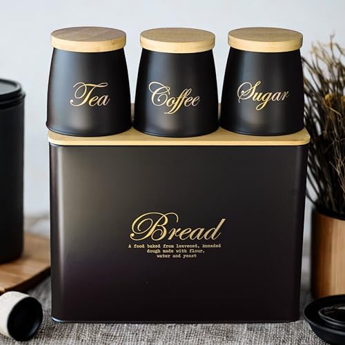 RLS Set of 4 Bread Bin storage with matching Tea, Coffee, Sugar Canisters – Black with Gold Reflective Gold Text writing with Bamboo Airtight lids jars