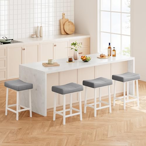Bar Stools Set of 4 60cm, Breakfast Kitchen Stool Upholstered Backless Saddle Barstool with PVC Leather Exterior, Footrests & Anti-slip Foot Pads, Padded Counter Height Chairs for Living Room