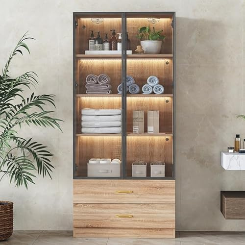 PLLBIKK Glasvitrine 170cm, Vitrine mit 2 Schubladen und 2 Glastüren, Sammlervitrine mit LED Vitrinenschrank für Badezimmer Wohnzimmer, Büro, Schlafzimmer, Gehärtetes Glas, Eiche
