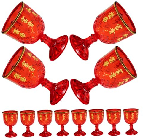 Hemobllo Set 12 Bicchieri da Vino Rossi in Plastica Infrangibile 40ml, Coppe da Sposa Cinesi Leggere e Riutilizzabili per Matrimoni, Feste e Celebrazioni Tradizionali