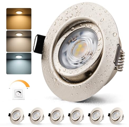 BOJIM LED Deckenspots 230V Einbaustrahler Dimmbar IP44 Metall Nickel | 68mm - 80mm Lochmaß, Warmweiß Kaltweiß Neutralweiß, 7W Flach für Bad Küche, 6er Set