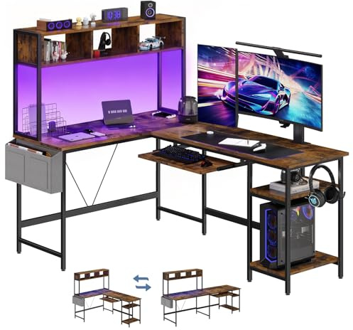 DUMOS L Shaped Gaming Desk 67, Reversible Computer Desk with LED Lights, Corner Desk for Small Spaces with Keyboard Tray & Storage Shelf, Metal Frame PC Gaming Table for Home Office Bedroom, Rustic