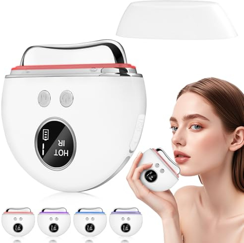 EMS Gua Sha Gesichtsmassagegerät, 4-in-1 Mikrostrom, Wärme & LED | Lichttherapie (Rot, Lila, Blau), 9 Intensitätsstufen für Straffere Haut, Anti-Aging Schwellungen Elektrischer Face Lifter