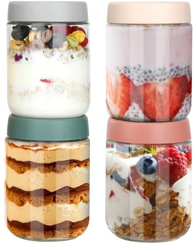 Otauoaea 4 Overnight Oats Jar 470ml - Tarros de Cristal con Tapa Hermética - Tarros Avena Nocturna - Frascos de Vidrio con Tapa - Bote Cristal Hermetico para Yogur, Mermelada, Cereales