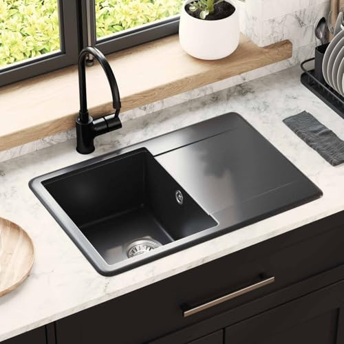 QUAHEAS Fregadero de granito negro 670 x 460 mm con desagüe y orificio para grifo, para cocina, lavadero, jardín, robusto fregadero con escurridor y sifón