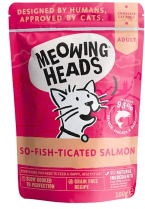 Meowing Heads Comida Húmeda para Gatos - So-Fish-Ticated Salmon - 93% Natural con Salmón, Pollo y Ternera sin aromas artificiales, Receta sin cereales ( 10 x 100 g)