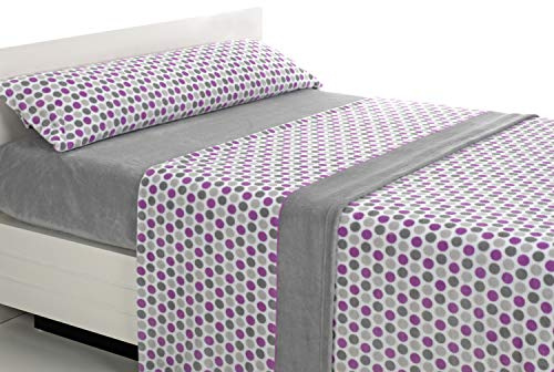 SABANALIA Sábanas Coralina Happy Cama 150 Invierno | 3 piezas: bajera ajustable, encimera y funda de almohada. Poliéster térmico, estampado de lunares. Color Lila-gris.