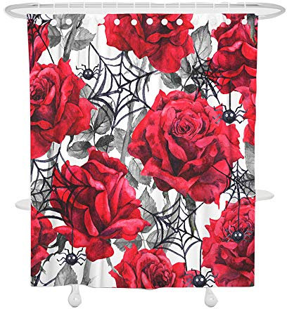 FANSU Tende da Doccia Impermeabile con 12 Ganci di Plastica, Antimuffa 3D Stampato Tessut Lavabile Resistente Poliestere Tenda della Vasca da Bagno (90x180cm,Ragno Rose)