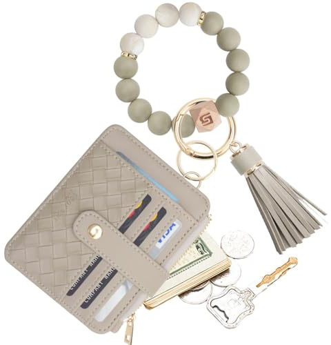 COOLANS Wristlet Bracelet Keychain Pocket Credit Card Holder Purse Tassel Keychain Bangle Key Ring for Women (Silicone Bead Bracelet+Card Purse (Grey))