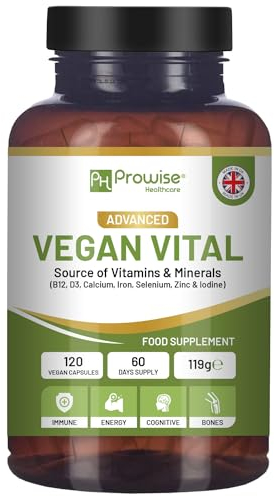 Vegane Vital-Multivitamine und Mineralien | 120 vegane Multivitamin-Kapseln | Kalzium, Vitamin B12, Vitamin B2, VitaminD3, Selen, Jod, Zink und Eisen | von Prowise Healthcare