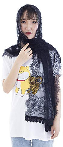 COSDREAMER Mujeres capilla velo bufanda encaje floral Mantilla velos abrigo chal masa cabeza cubierta (negro)
