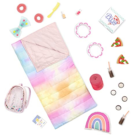 Glitter Girls - GG Sleepover Party Set - Glitter Girls - Sleepover Party & Rucksack Set - Tie-Dye-Schlafsack, Regenbogen-Kissen & Spielnahrung - 36 cm Puppen-Zubehör - Spielzeug für Kinder ab 3 Jahren