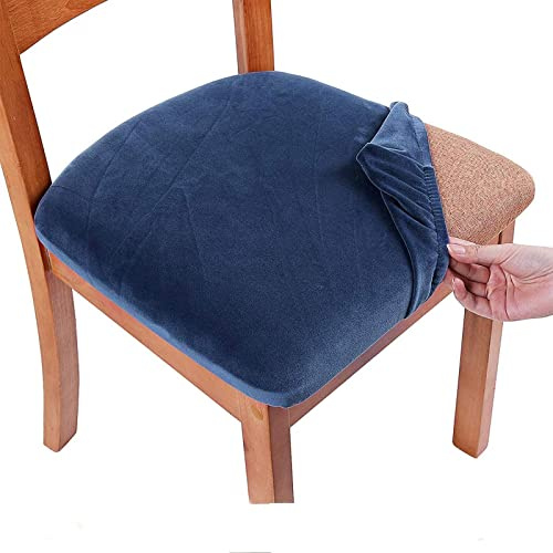Homaxy Velvet Dining Chair Seat Covers Set of 4, Stretch Dining Chair Slipcovers with Ties, Removable Washable Dining Chair Seat Protector Cover, Navy Blue