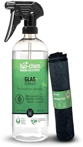 bio-chem Glasreiniger Hochglanzreiniger für streifenfreien Glanz | 750 ml Spray + Tuch | Ideal für Glasflächen, Spiegel, Fenster, Autoscheiben, Küchenfronten und sonstige lackierte Oberflächen