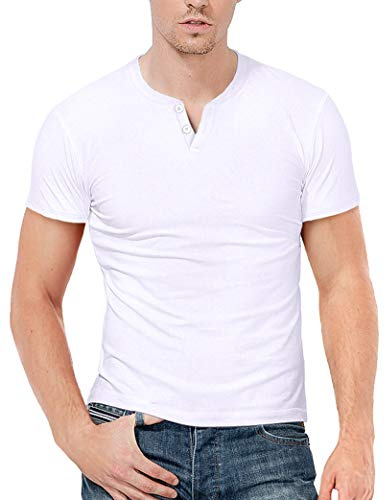 KUYIGO Camisas Henley Casuales para Hombre Manga Corta Slim Fit Algodón Manga Corta M Blanco
