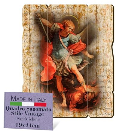 Fratelli Bonella – Cuadro San Miguel contorneado vintage – Cuadro de madera de álamo, grosor 8 mm, cuadro religioso para dormitorio de 19 x 24 cm, 100 % fabricado en Italia