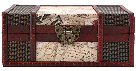 Boîte de Rangement en Bois, 23 X 16 X 10cm Vintage Coffre au Trésor Antique Boîte pour Jouets et Bijoux Décoratifs Coffre de Pirate Très Approprié pour Organiser une Chasse au Trésor (Timbre)