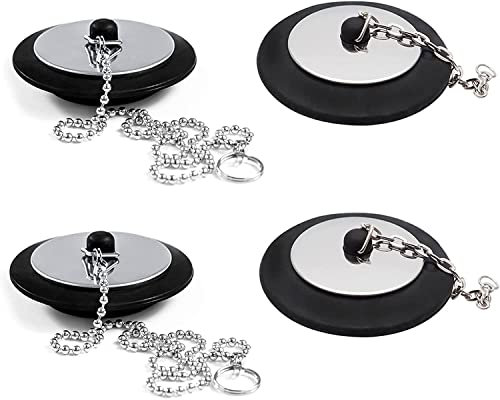 LATRAT 4 tapones para lavabo, tapón de desagüe de goma con cadena, para bañera, lavabo, ducha, baño, cocina, color negro